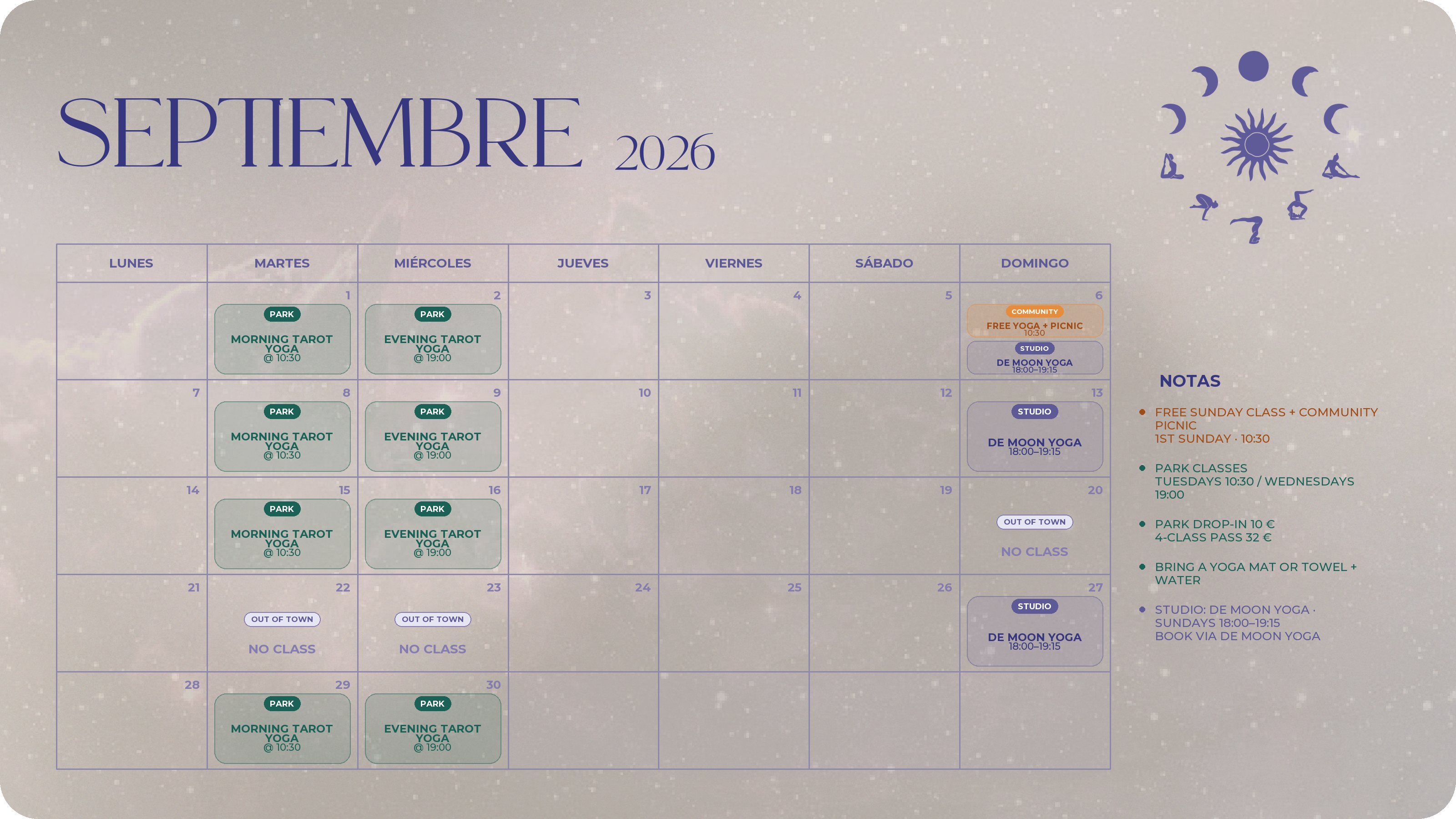 September 2026 Yoga with Cait class calendar